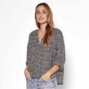 Outerknown Folk Peasant Top Black & White Floral Print Size M